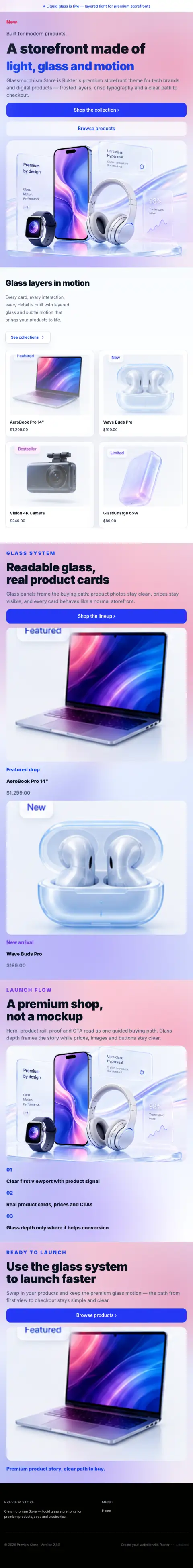 Live demo page of the Glassmorphism Store theme — top of page